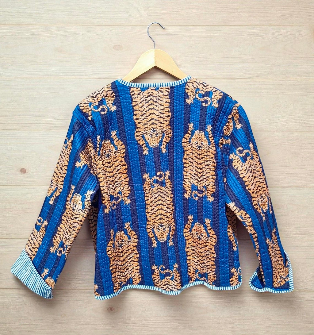 Tiger Hand Block Print Quilted Jacket – Pure Cotton Winter Wear