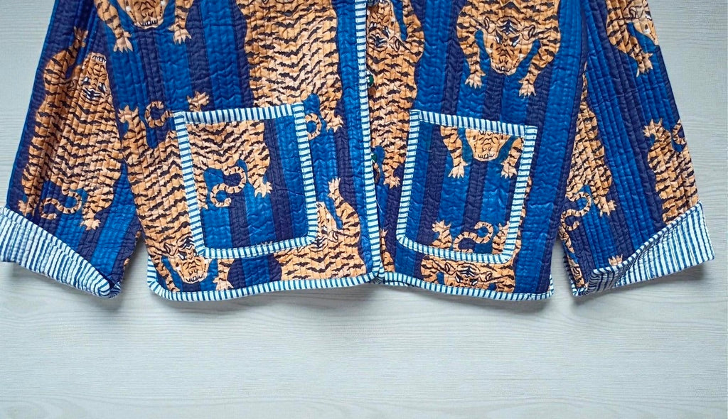 Tiger Hand Block Print Quilted Jacket – Pure Cotton Winter Wear