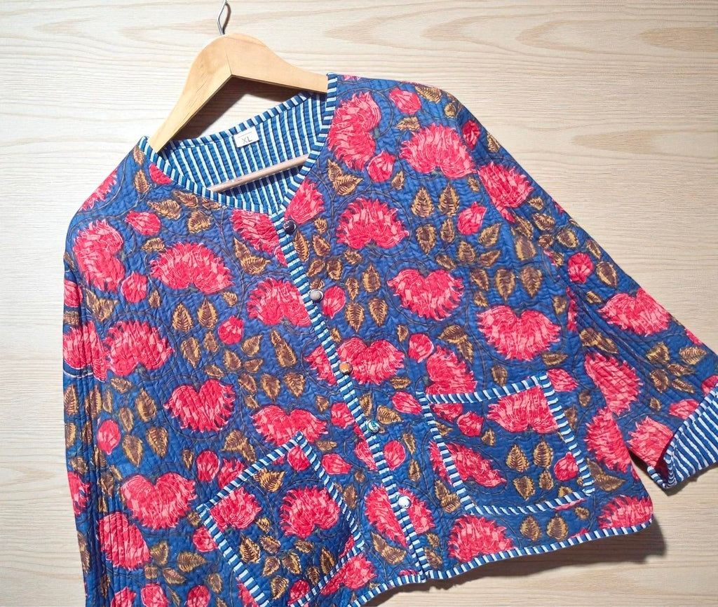 Hand Printed Cotton Quilted Women’s Jacket – Reversible Ethnic Winter Wear