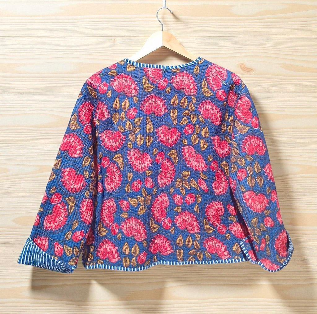 Hand Printed Cotton Quilted Women’s Jacket – Reversible Ethnic Winter Wear