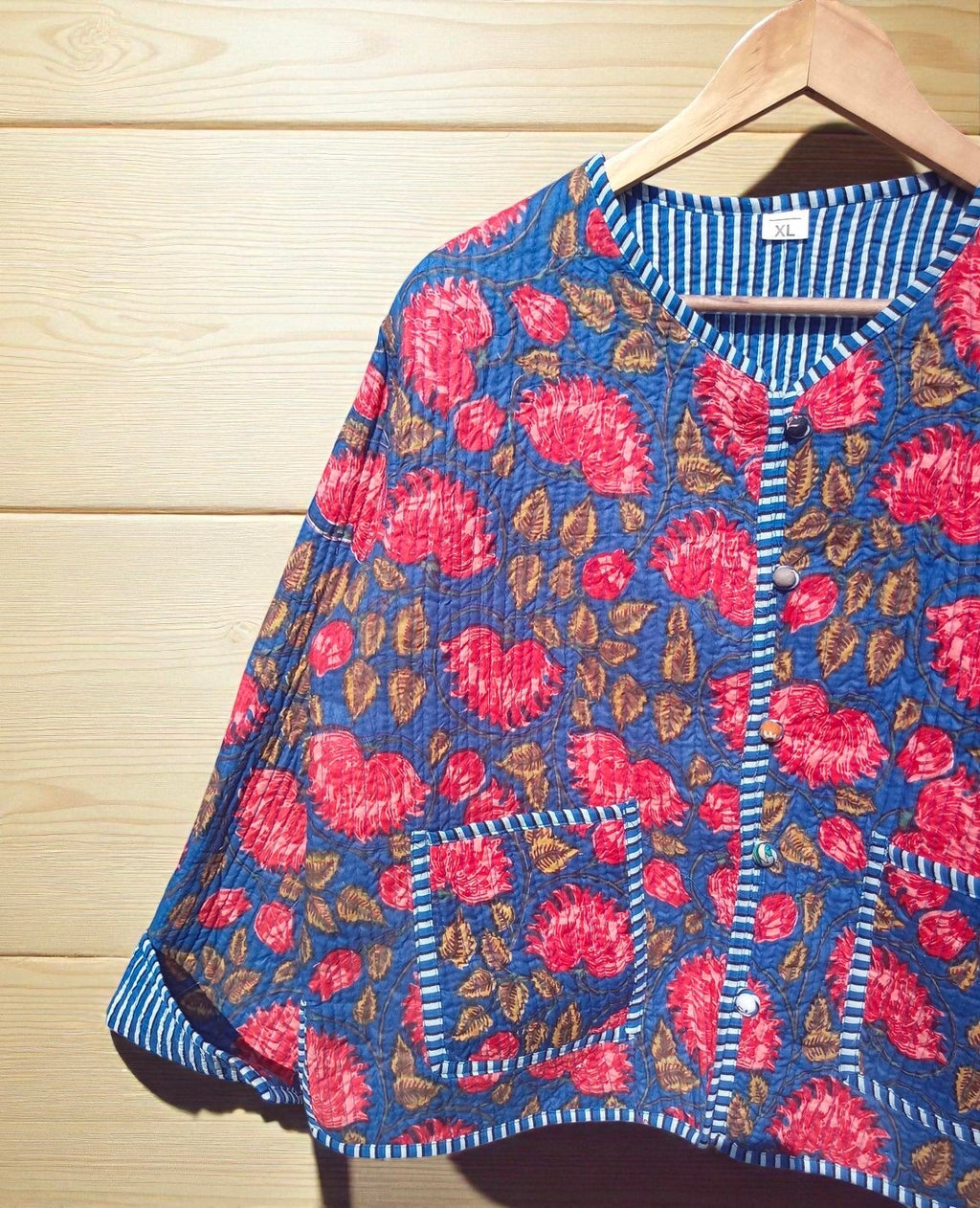 Hand Printed Cotton Quilted Women’s Jacket – Reversible Ethnic Winter Wear