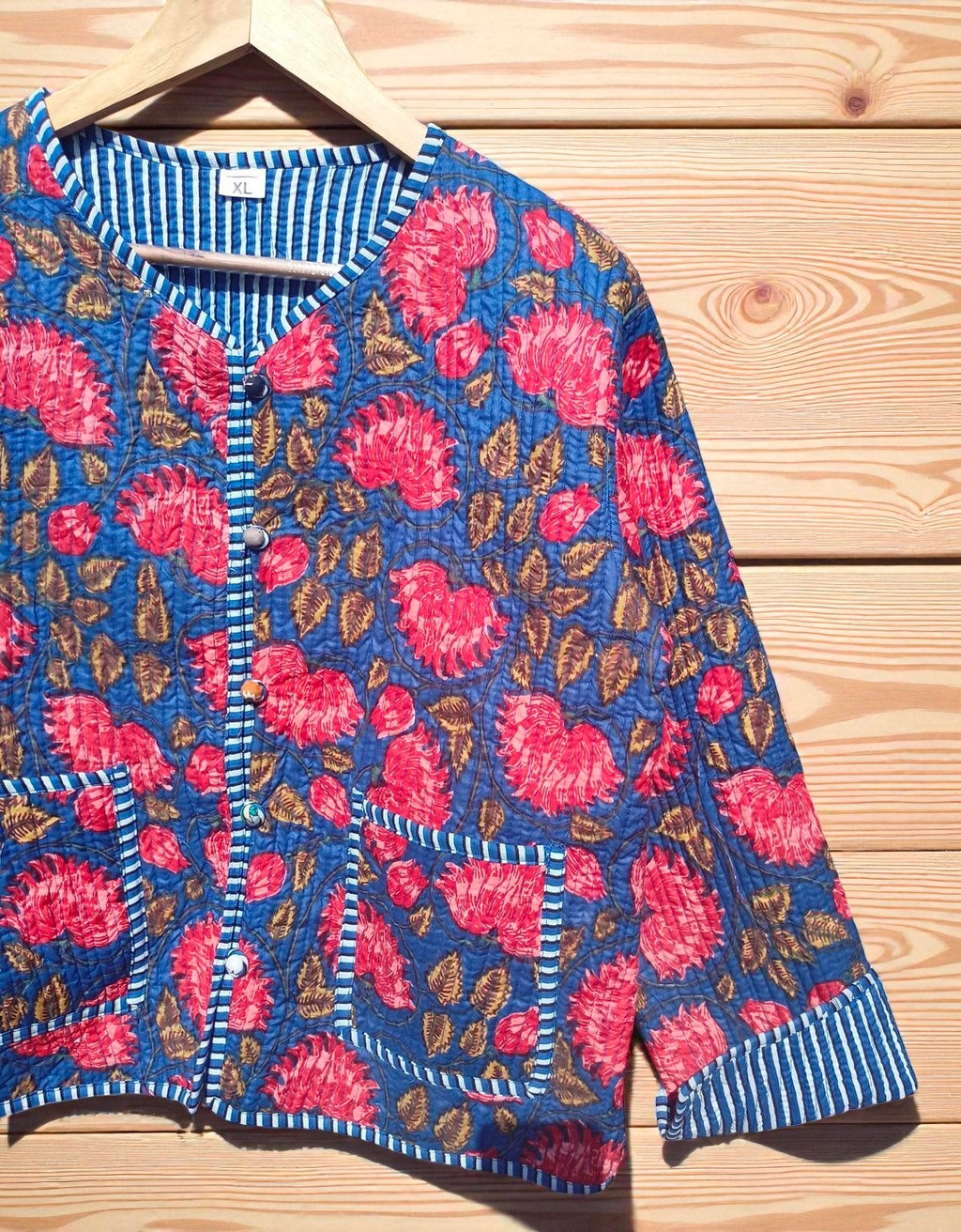 Hand Printed Cotton Quilted Women’s Jacket – Reversible Ethnic Winter Wear