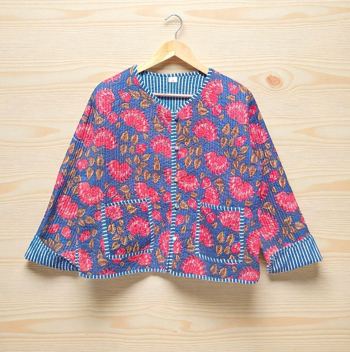 Hand Printed Cotton Quilted Women’s Jacket – Reversible Ethnic Winter Wear