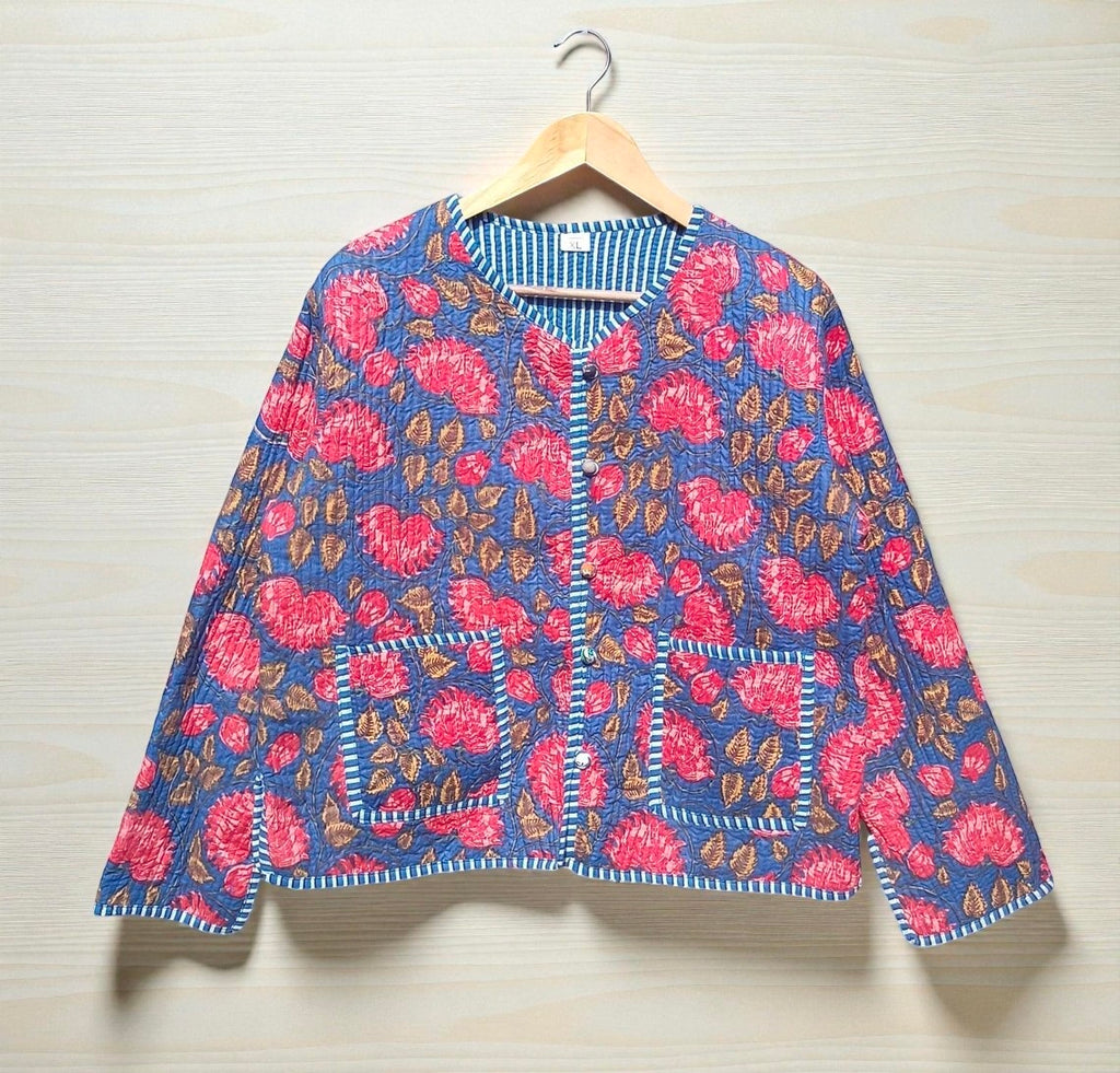Hand Printed Cotton Quilted Women’s Jacket – Reversible Ethnic Winter Wear