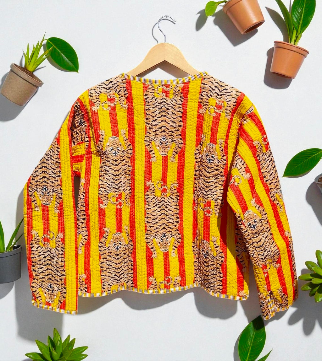 Tiger Hand Block Printed Cotton Quilted Women’s Jacket – Reversible Ethnic Winter Wear