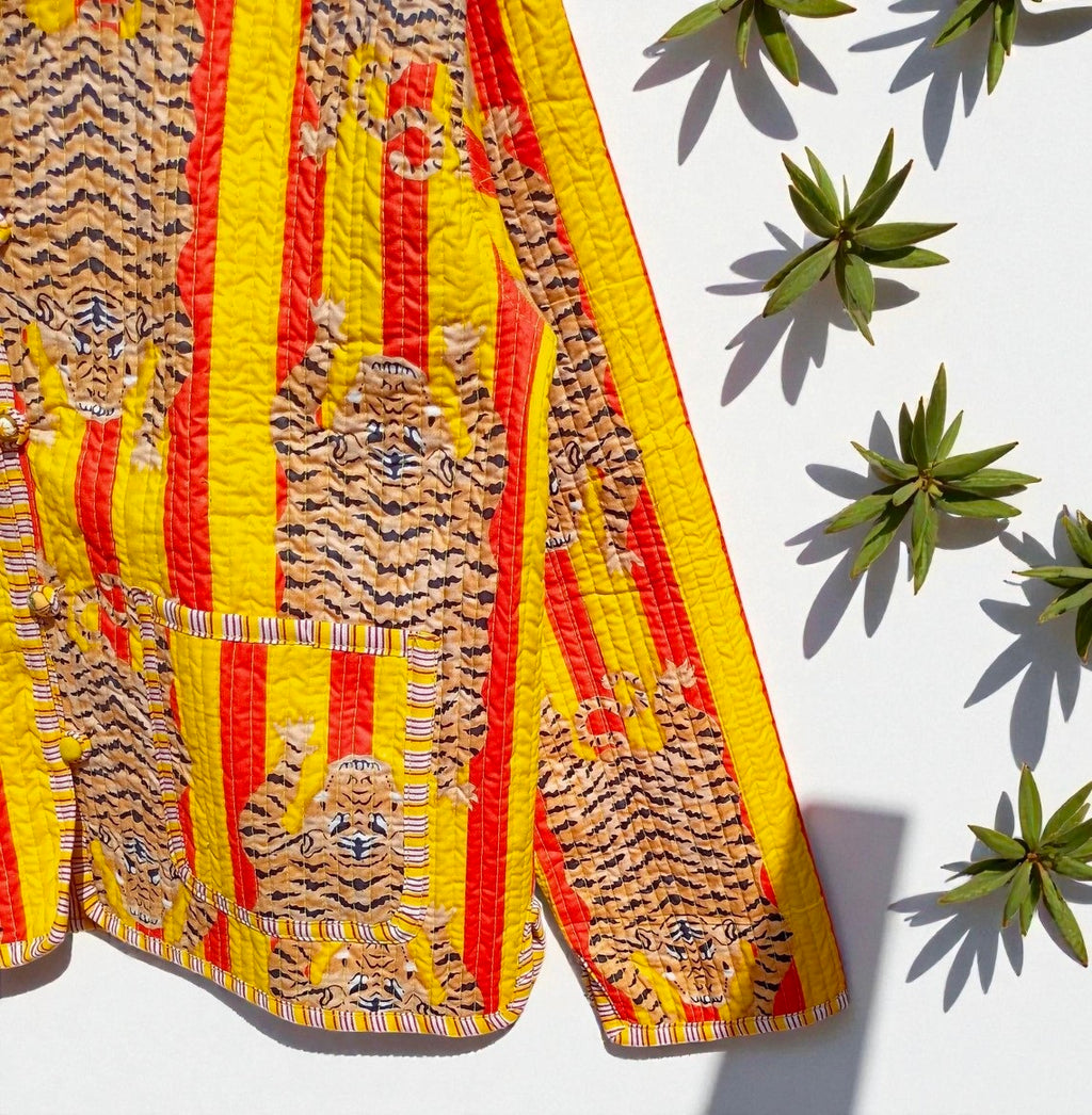 Tiger Hand Block Printed Cotton Quilted Women’s Jacket – Reversible Ethnic Winter Wear