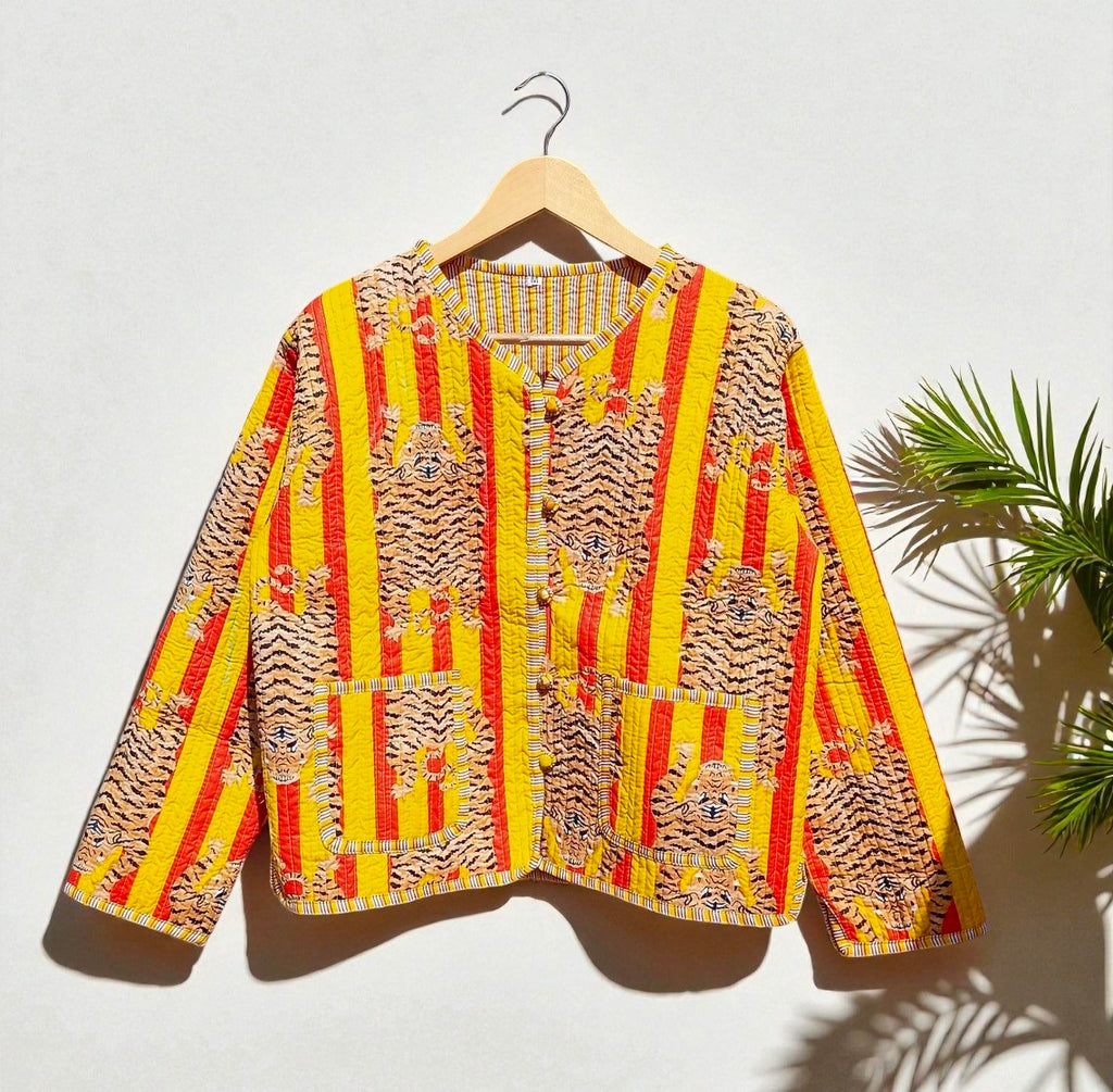 Tiger Hand Block Printed Cotton Quilted Women’s Jacket – Reversible Ethnic Winter Wear