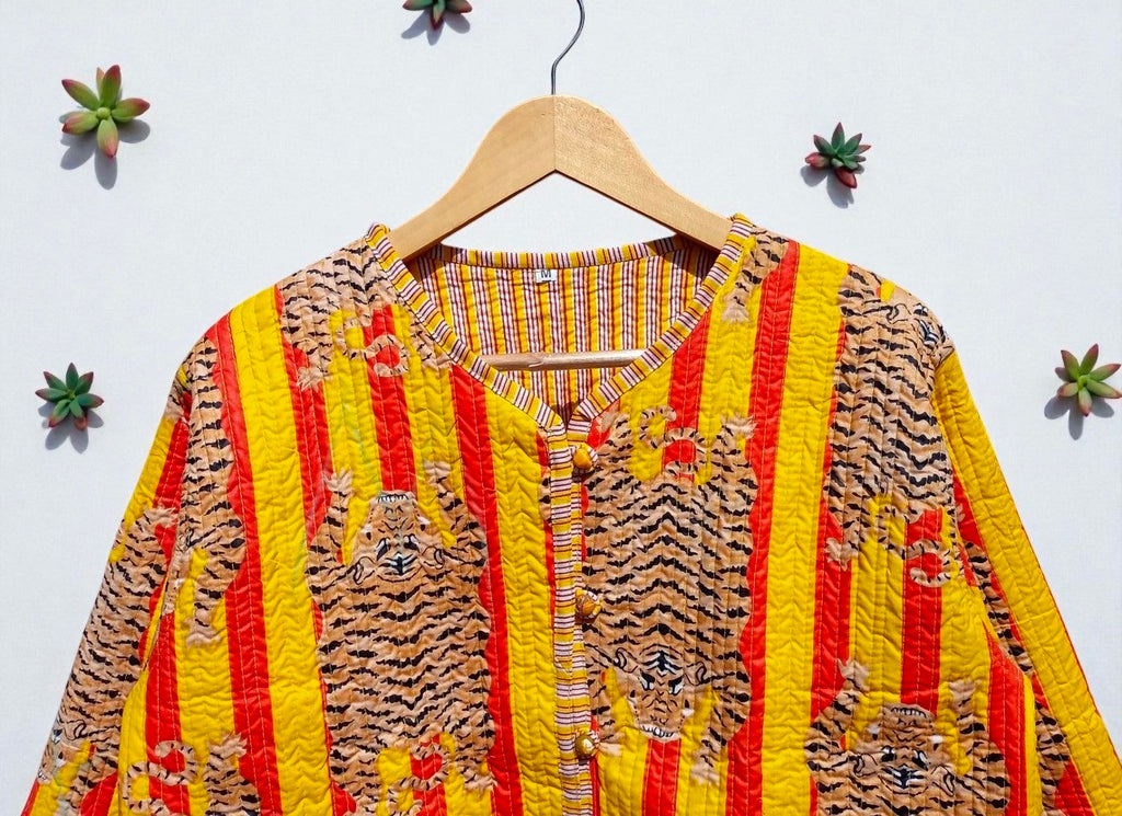 Tiger Hand Block Printed Cotton Quilted Women’s Jacket – Reversible Ethnic Winter Wear