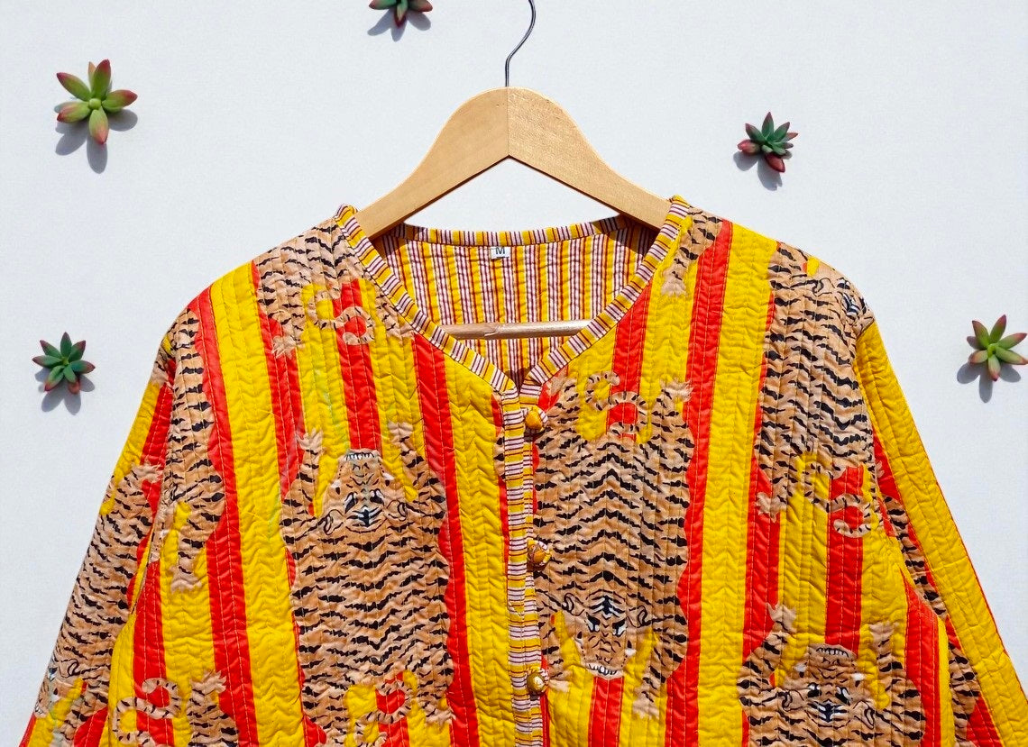 Tiger Hand Block Printed Cotton Quilted Women’s Jacket – Reversible Ethnic Winter Wear