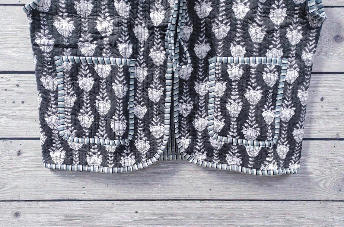 Handmade Cotton Quilted Jacket Indian Block Print Floral