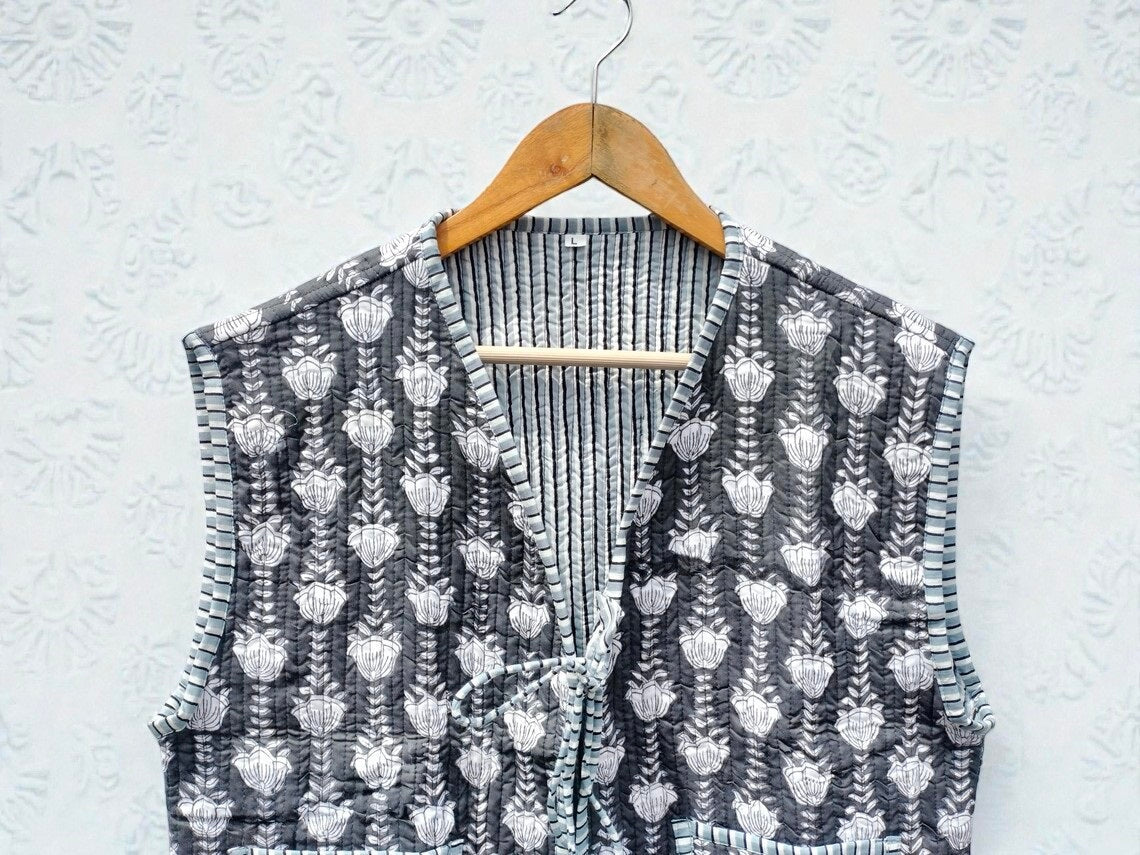 Handmade Cotton Quilted Jacket Indian Block Print Floral
