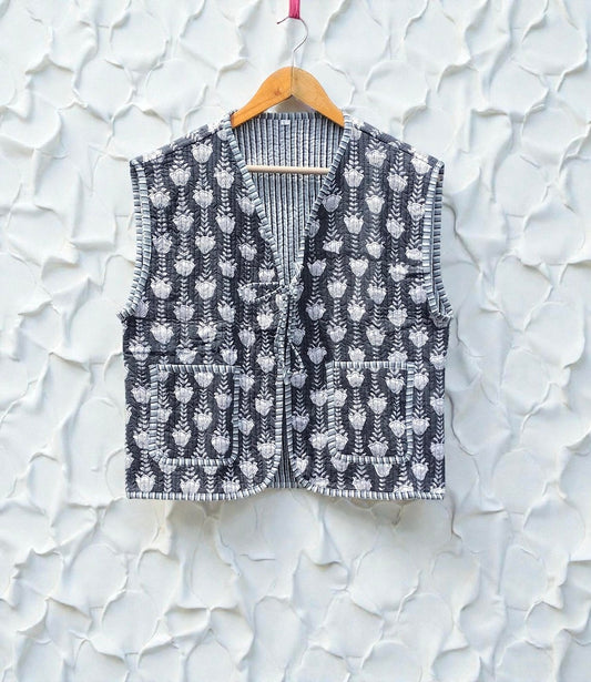 Handmade Cotton Quilted Jacket Indian Block Print Floral