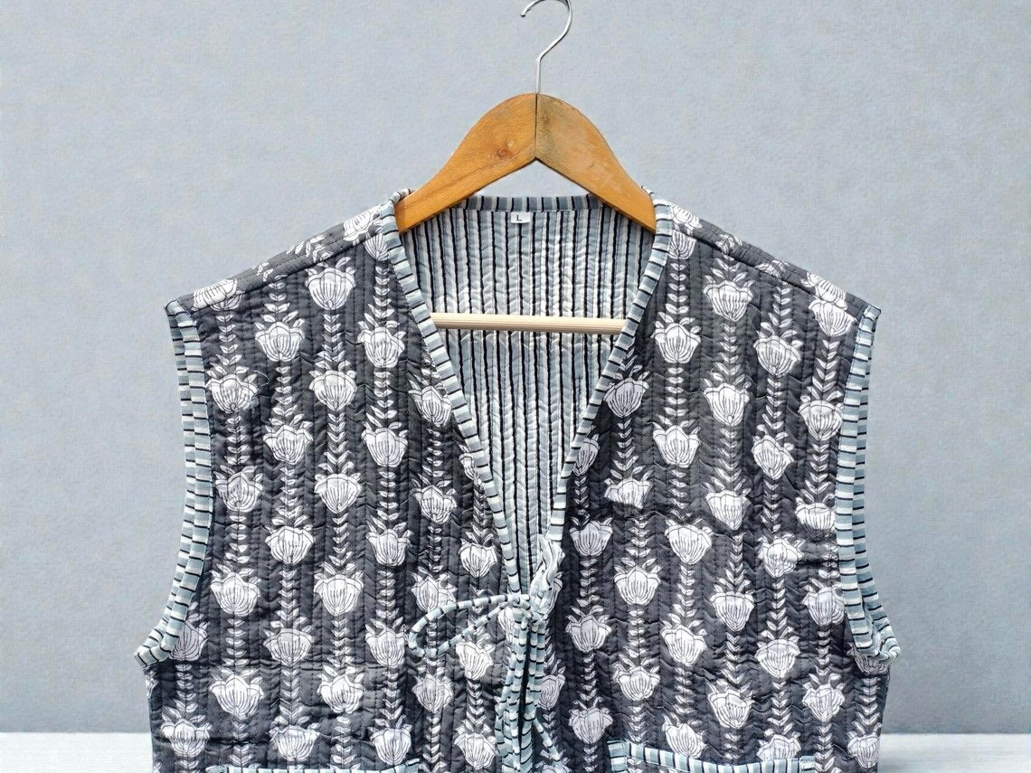Handmade Cotton Quilted Jacket Indian Block Print Floral