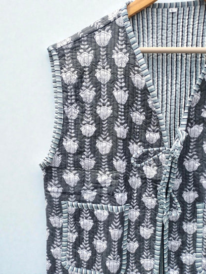 Handmade Cotton Quilted Jacket Indian Block Print Floral