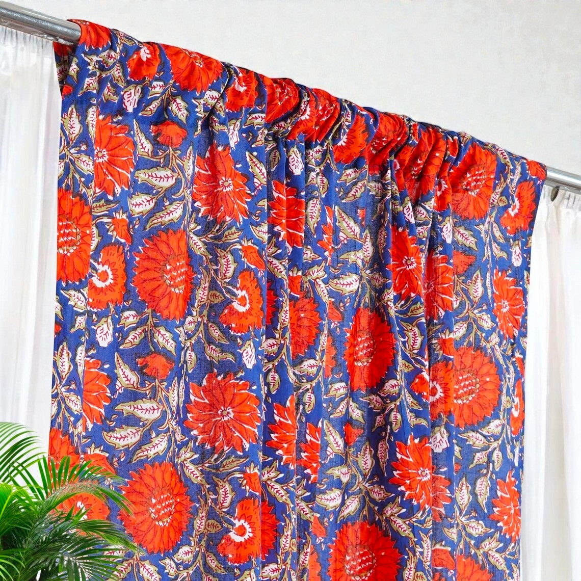 Vintage Floral Block Printed Cotton Curtains – Farmhouse Style