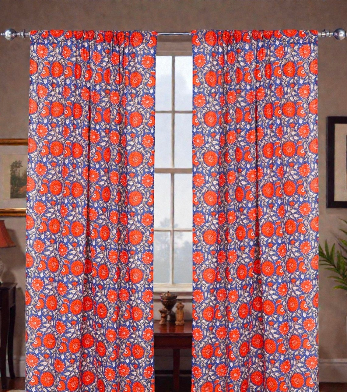 Vintage Floral Block Printed Cotton Curtains – Farmhouse Style