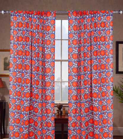 Vintage Floral Block Printed Cotton Curtains – Farmhouse Style