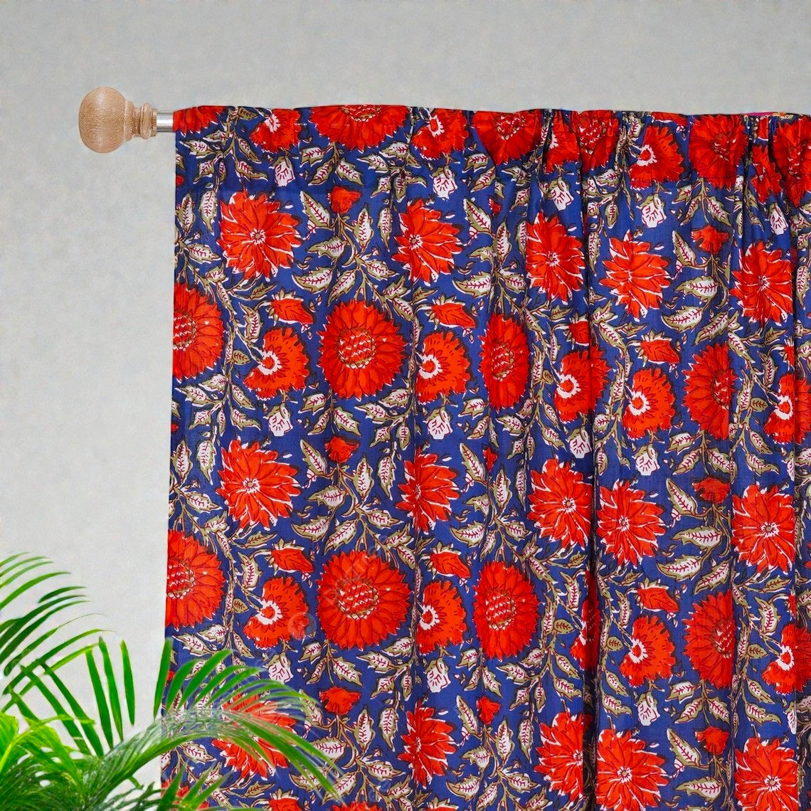 Vintage Floral Block Printed Cotton Curtains – Farmhouse Style