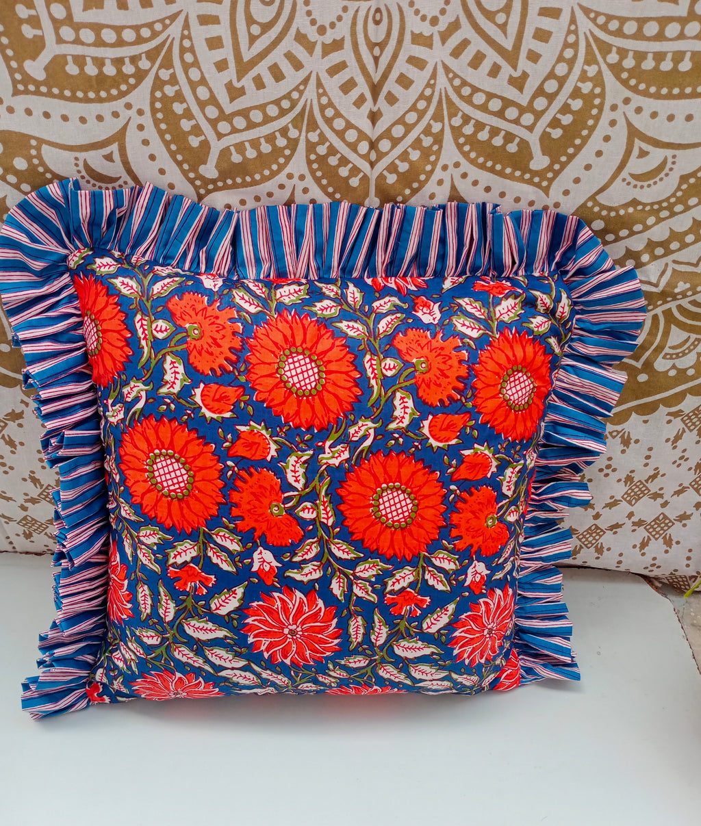 Hand Block Print Cotton Cushion Covers Cotton Sofa Decorative Cushion Pillow Cover Cushion Case 16" X 16" Inch