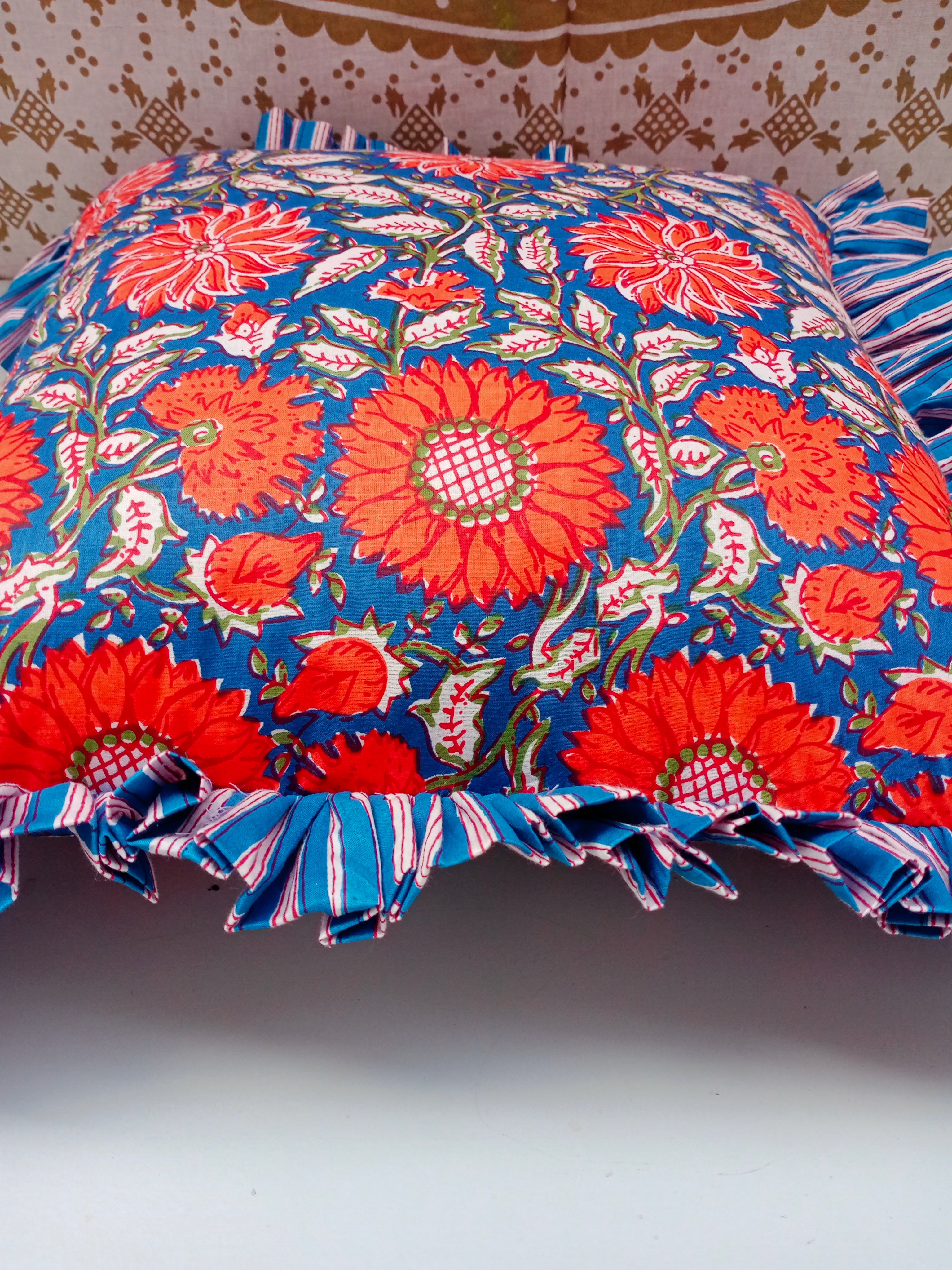 Hand Block Print Cotton Cushion Covers Cotton Sofa Decorative Cushion Pillow Cover Cushion Case 16" X 16" Inch