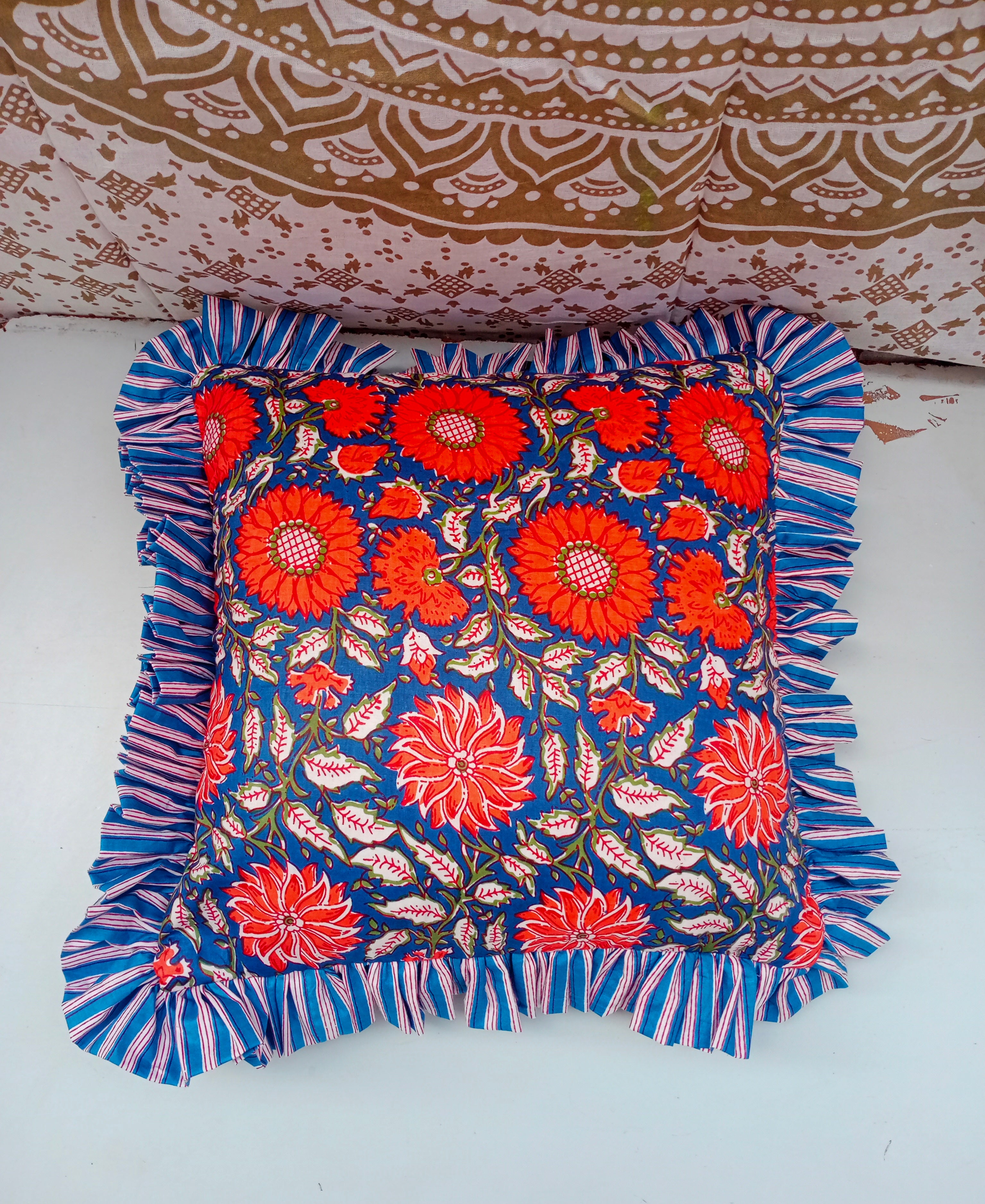 Hand Block Print Cotton Cushion Covers Cotton Sofa Decorative Cushion Pillow Cover Cushion Case 16" X 16" Inch
