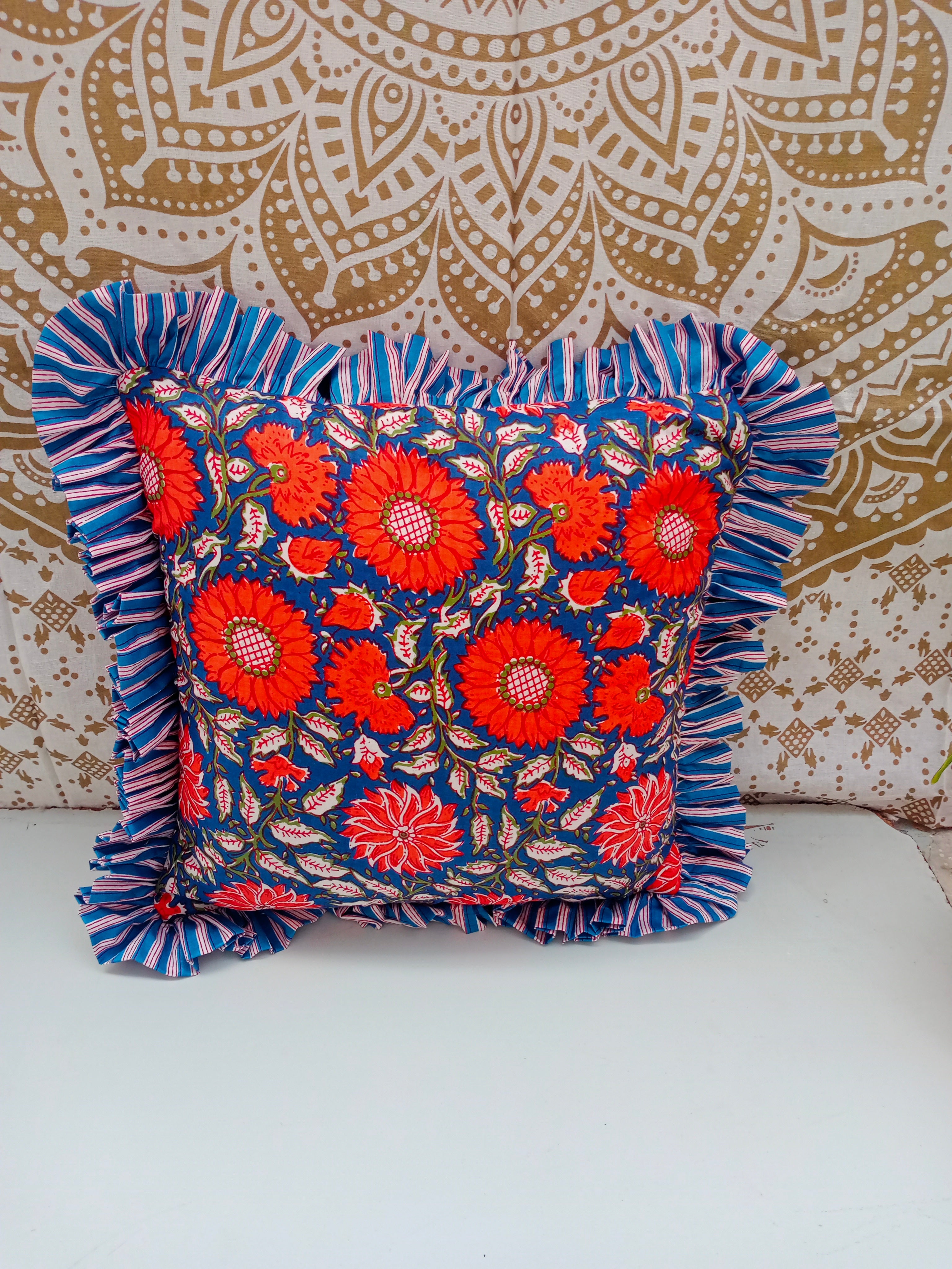 Hand Block Print Cotton Cushion Covers Cotton Sofa Decorative Cushion Pillow Cover Cushion Case 16" X 16" Inch