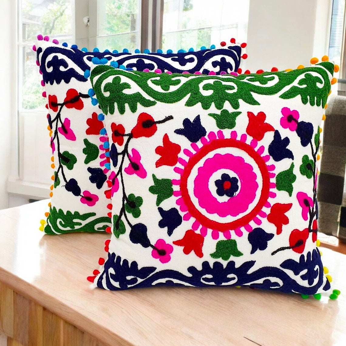 Embroidered Cushion Cover Cotton Sofa Decorative Cushion Pillow Cover Cushion Case 16" X 16" Inch