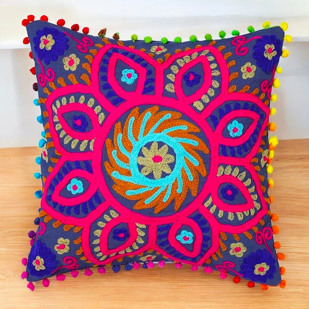 Embroidered Handmade Cotton Cushion Cover 16" X 16" Inch
