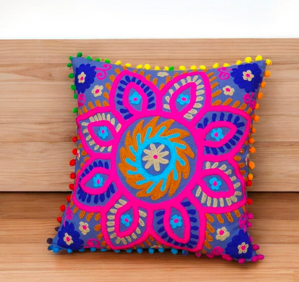 Embroidered Handmade Cotton Cushion Cover 16" X 16" Inch