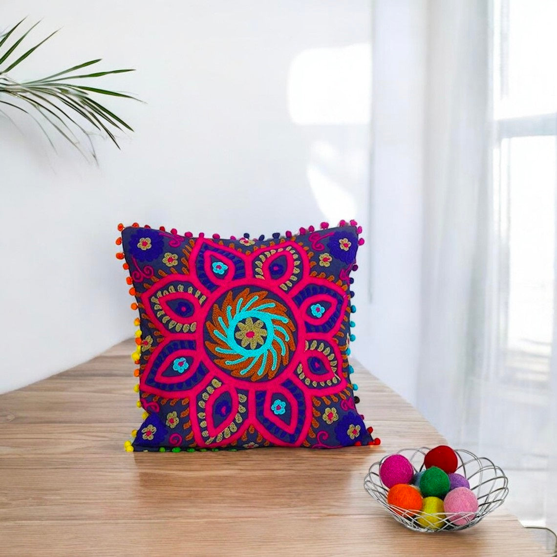 Embroidered Handmade Cotton Cushion Cover 16" X 16" Inch