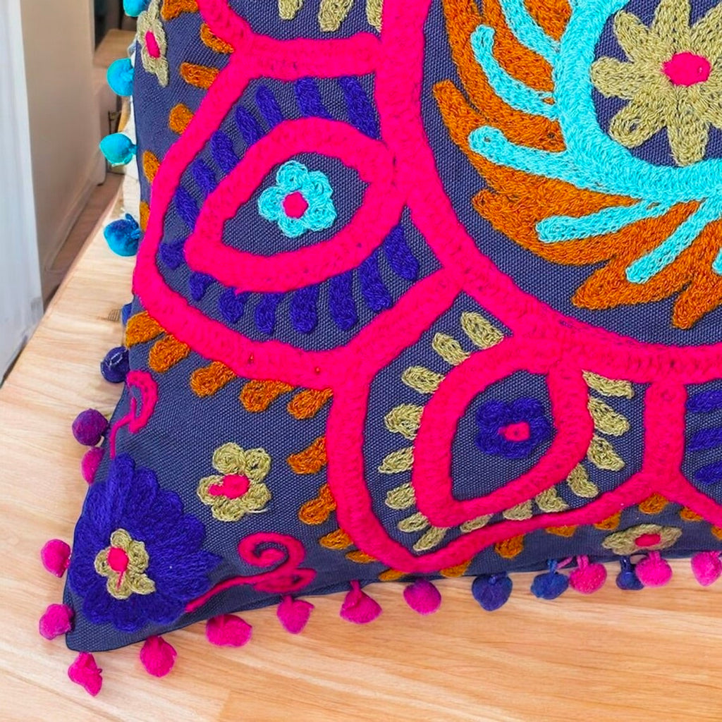 Embroidered Handmade Cotton Cushion Cover 16" X 16" Inch