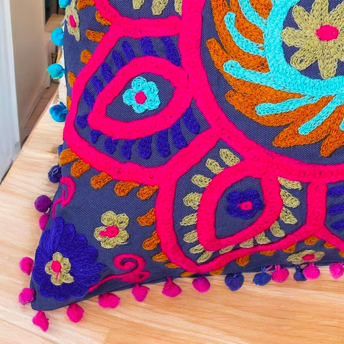 Embroidered Handmade Cotton Cushion Cover 16" X 16" Inch