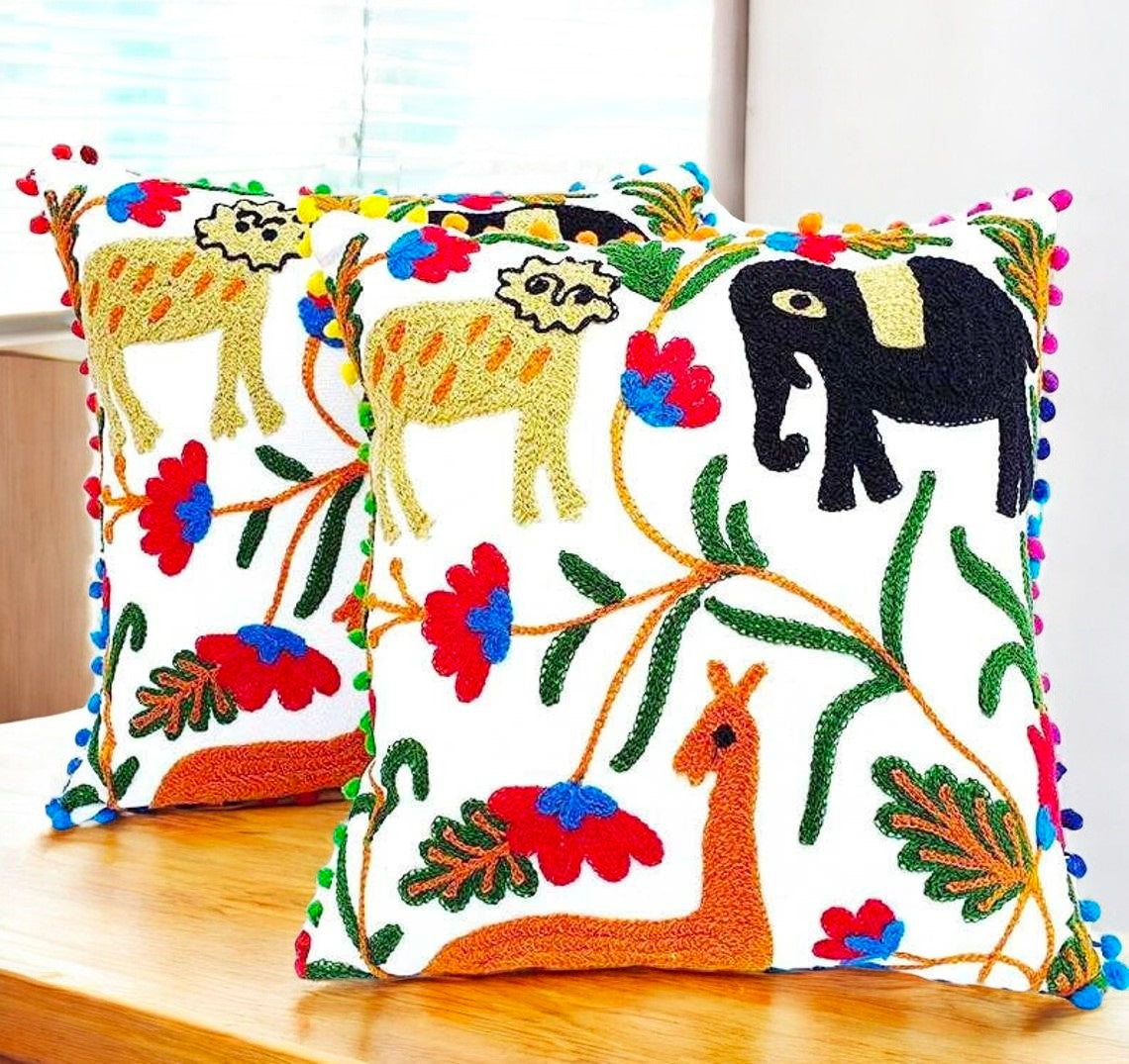 Embroidered Handmade Cotton Cushion Cover 16" X 16" Inch Pillow Cover