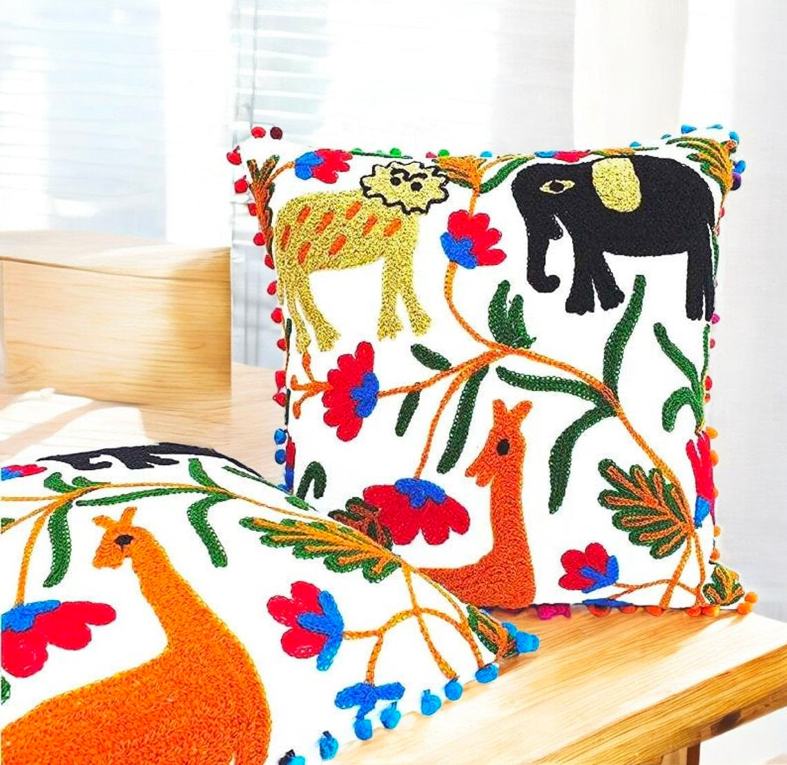 Embroidered Handmade Cotton Cushion Cover 16" X 16" Inch Pillow Cover