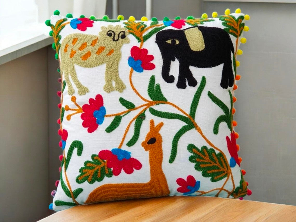 Embroidered Handmade Cotton Cushion Cover 16" X 16" Inch Pillow Cover