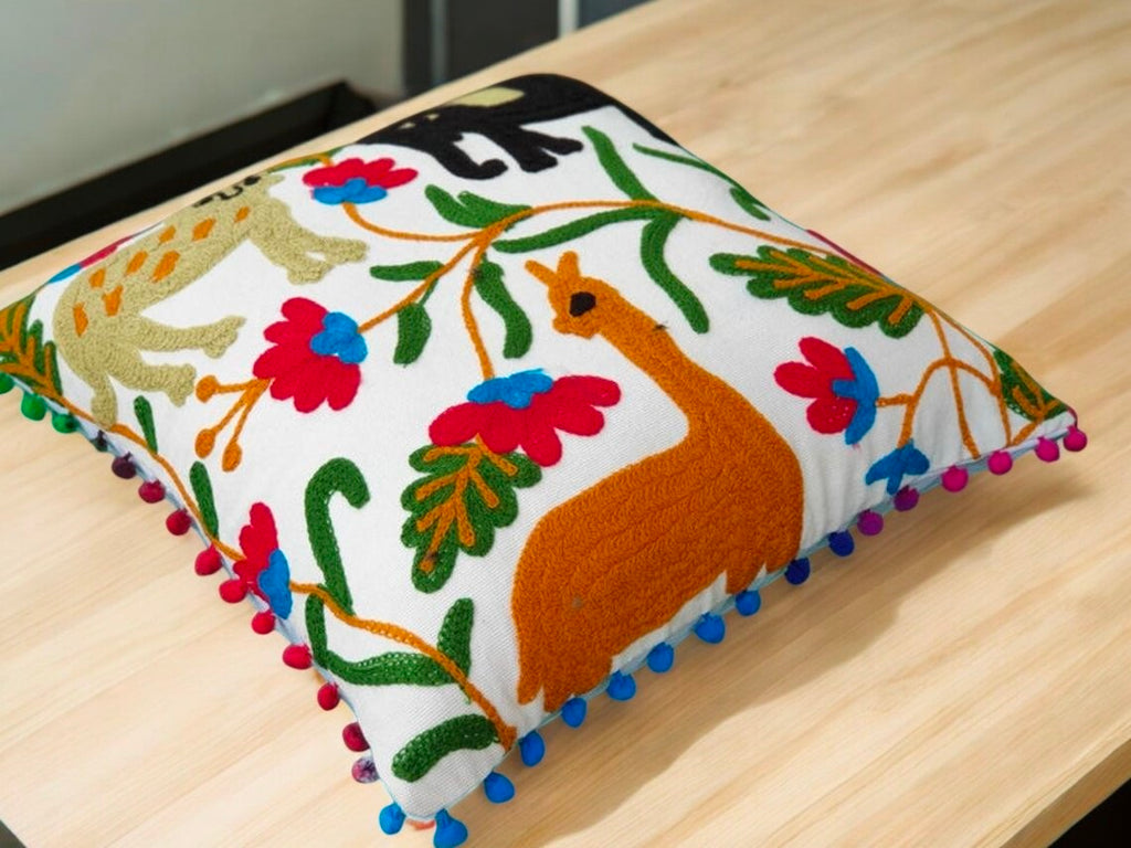 Embroidered Handmade Cotton Cushion Cover 16" X 16" Inch Pillow Cover