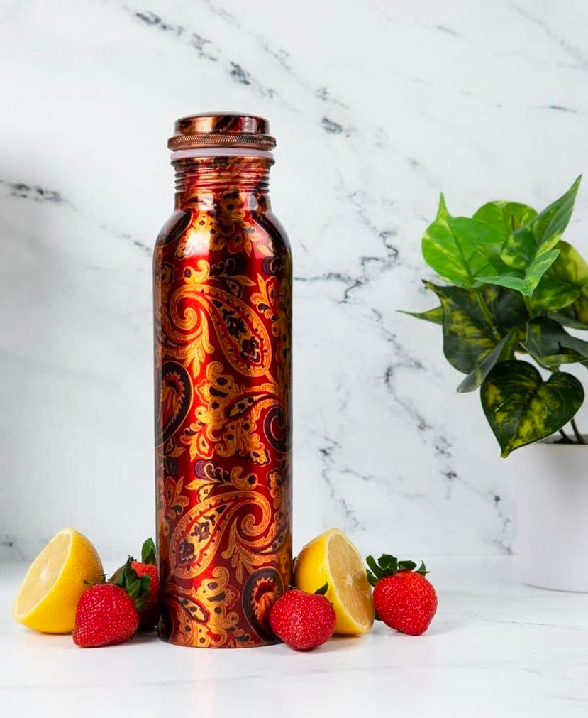 Printed Pure Copper Water Bottle – Handmade, Leak-Proof & Ayurvedic Health Benefits