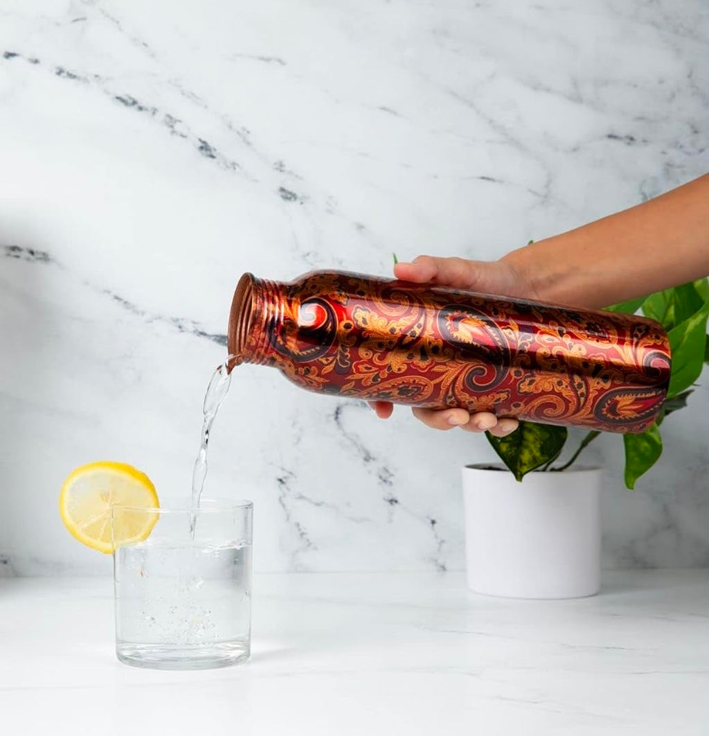 Printed Pure Copper Water Bottle – Handmade, Leak-Proof & Ayurvedic Health Benefits