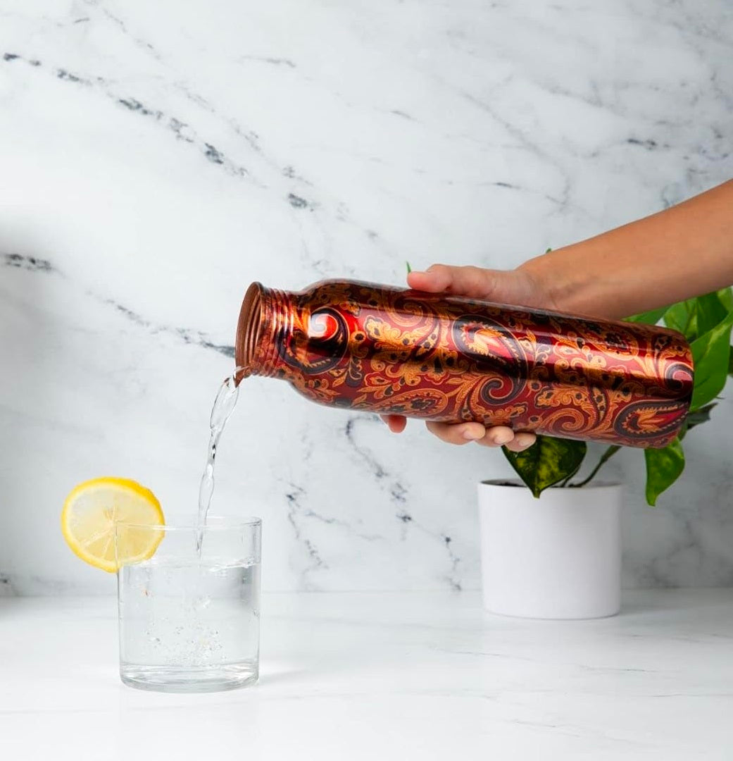 Printed Pure Copper Water Bottle – Handmade, Leak-Proof & Ayurvedic Health Benefits